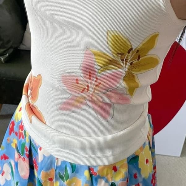 花柄リブデザインタンクトップ