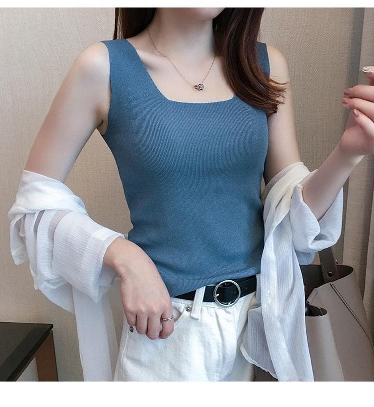 タンクトップ リブ編みノースリーブ美シルエット
